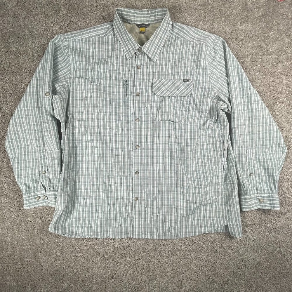 Eddie Bauer Shirt Men's 2XL Gray Button Up Travex Long Sleeve Outdoor Hiking